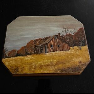 Polly Wright Mid Century Oil Painting On Wood Rustic Barn Field Western 12x10